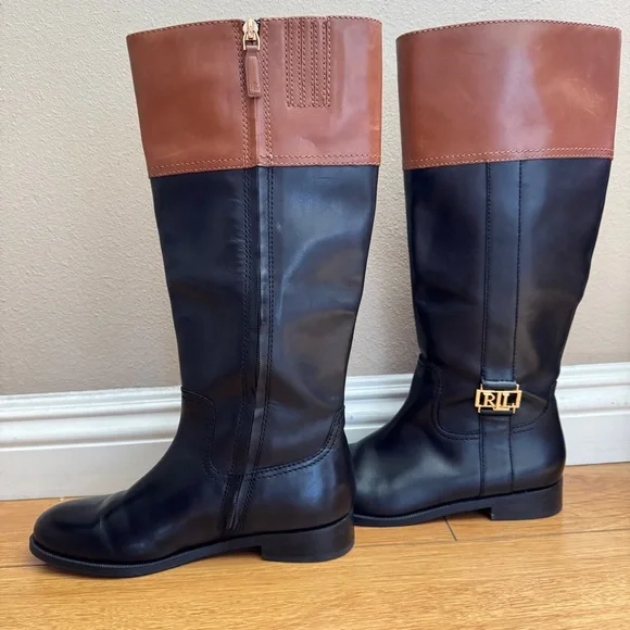LAUREN RALPH LAUREN Baylee Black Leather Riding Boots Size 7 - Picture 4 of 11